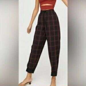 Aritzia Wilfred Soleste Tartan Red & Black Plaid Drawstring Pants, size S